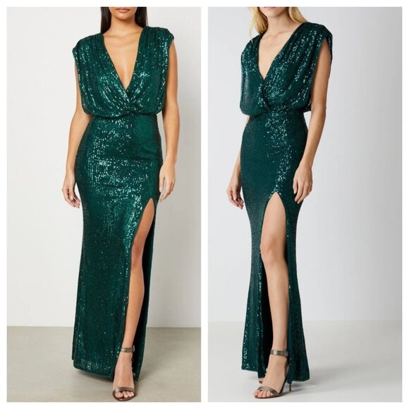 BCBGMAXAZRIA Stretch Sequin Surplice Gown in Botanical Garden